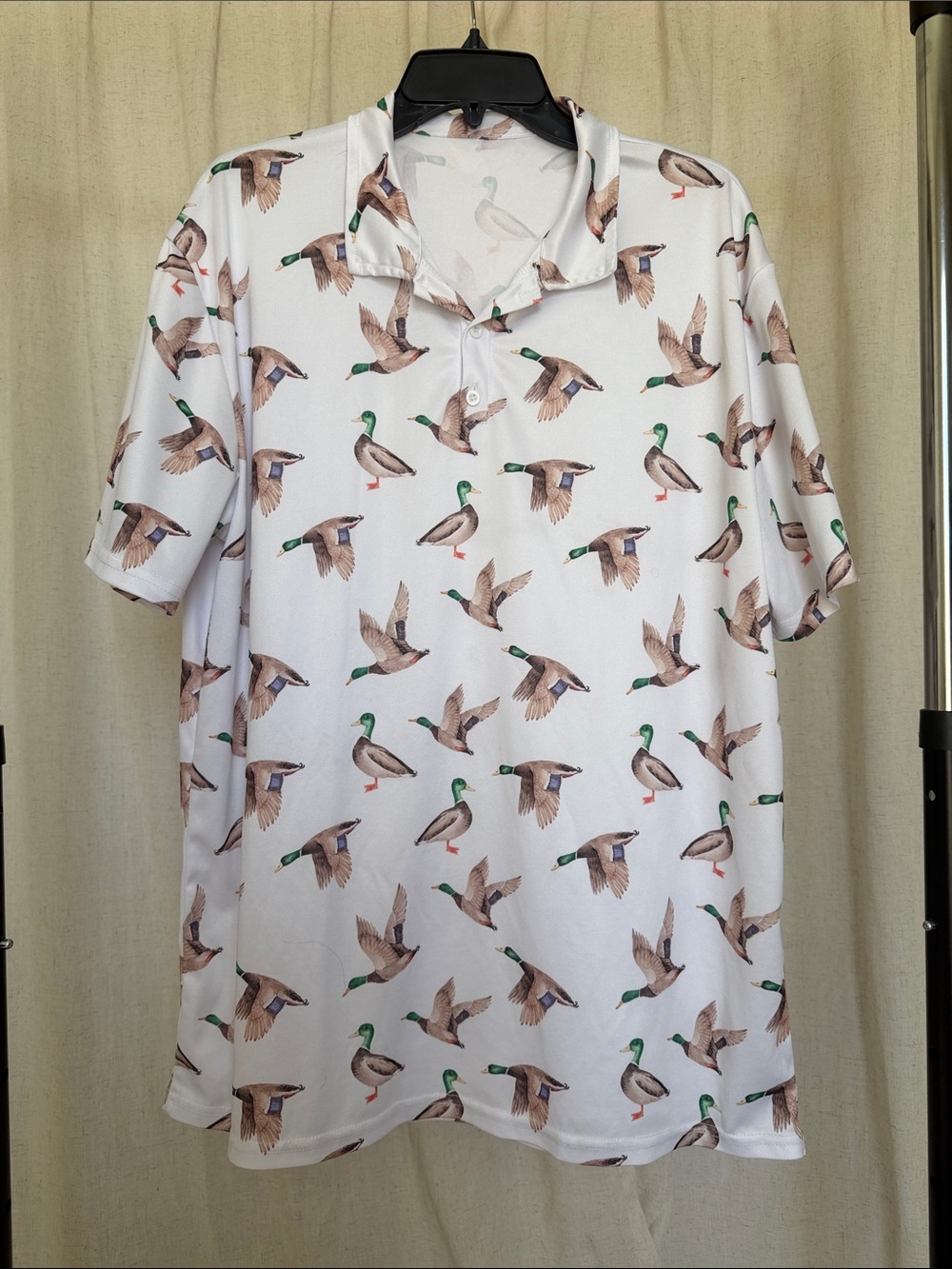 Men's White Polo Shirt with Mallard Duck Print